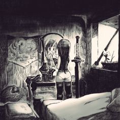 a black and white drawing of a woman in her bedroom