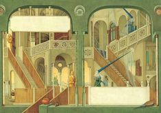 an illustration of a staircase in a building with people walking up and down the stairs