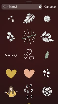 an iphone screen with various stickers on it, including hearts and leaves in different colors