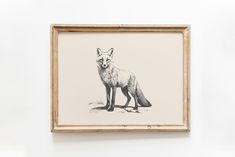 a black and white drawing of a fox in a frame on the wall above it