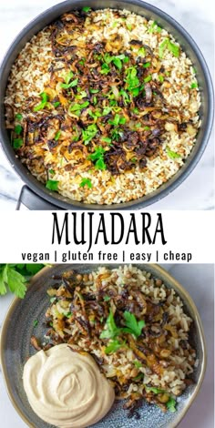 two pictures showing different types of food in the same pan, one with rice and another with