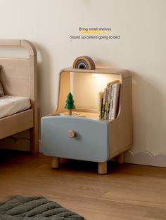 a child's bedroom with a bed, nightstand and book shelf in the corner