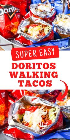 some tacos are sitting in tin foil with the words super easy doritos walking tacos