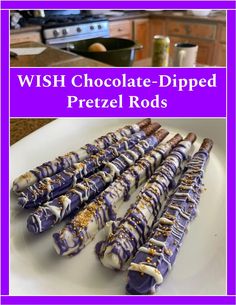 chocolate - dipped pretzel rods with sprinkles on top and the words, wish chocolate - dipped pretzel rods