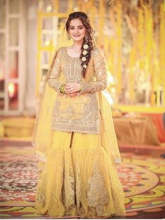 actress in bridal dress Ubtan Dress, Mehndi Dress Design, Mayoon Dresses, Mayo Dress