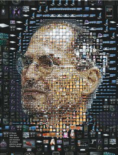 an image of a man made up of many different images and words on it's face