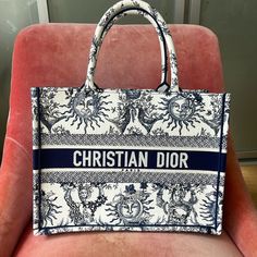 Dior Medium Book Tote. Purchased From Heathrow. Brand New Condition, Never Worn. Comes With Dust Bag, Authenticity Card, And Booklet. Dior Aesthetic, Blue Toile, Book Tote Bag, Dior Book Tote, Blue Tote, Chanel Deauville Tote Bag, Hermes Bags, Small Tote, Shopping Tote Bag