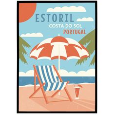 an image of a beach scene with a chair and umbrella in the foreground that reads esttoril costa do sol portugal