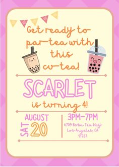 a pink and yellow birthday party card with two drinks on the front, text reads get ready to party with this co - treat scarlet is turning 4