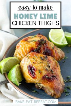 honey lime chicken thighs on a plate with limes