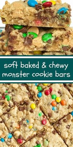 three different cookies and bars stacked on top of each other with the words soft baked & chewy monster cookie bars