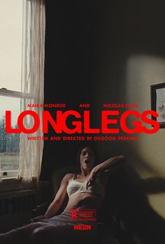 a woman sitting on top of a bed in front of a window with the words longlegs written across it