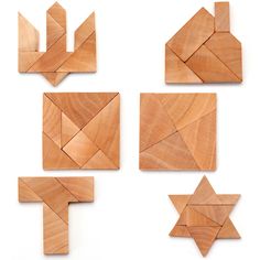 six pieces of wood that have been made to look like geometric shapes