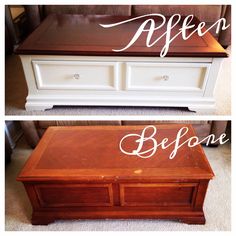 before and after photos of a coffee table makeover with chalk paint on the top