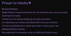 a poem written in purple on a black background with the words prayer to hestia