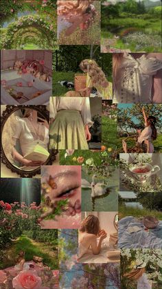 a collage of images with flowers and people in them, including the woman's dress