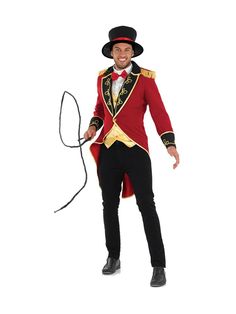 a man in a red jacket and black top hat is holding a whip while posing for the camera