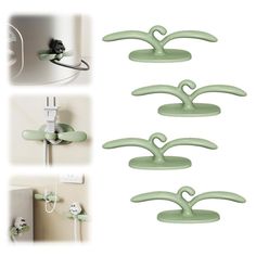 three pictures of the handles on a shower faucet and four images of hooks