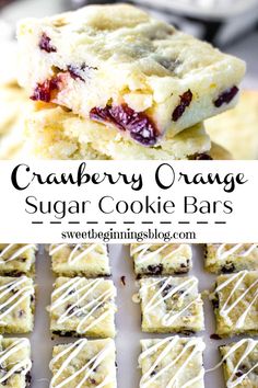 cranberry orange sugar cookie bars are stacked on top of each other with white icing