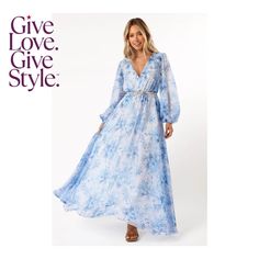 in stock Chic Blue Flowy Floral Dress, Blue Flowy Floral Dress For Dress Down Occasions, Blue Flowy Floral Dress For Brunch, Feminine Blue Floral Beach Dress, Blue Floral Maxi Dress For Garden Party, Blue Floral Maxi Dress For Brunch, Blue Maxi Floral Dress For Brunch, Blue Maxi Length Floral Dress For Brunch, Chic Blue Floral Dress For Casual Occasions