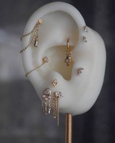 the ear is adorned with many different types of jewelry