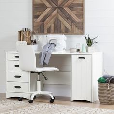 a white desk and chair in a room