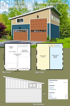 two story garage plans with lofts and attached living quarters are shown in this image