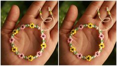 two pictures of a hand holding a small beaded bracelet with flowers in the middle