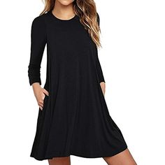 Women'S Solid Pleated Cotton Pocket O-Neck Casual Loose Tunic T-Shirt Dress >>> For more information, visit image link. (This is an affiliate link) #accessories Long Sleeve Tshirt Dress, Casual Black Dress, Very Short Dress, Black Long Sleeve Mini Dress, Women Long Sleeve Dress, Long Sleeve Short Dress, Crewneck Dress, Black Long Sleeve Dress, Vestido Casual