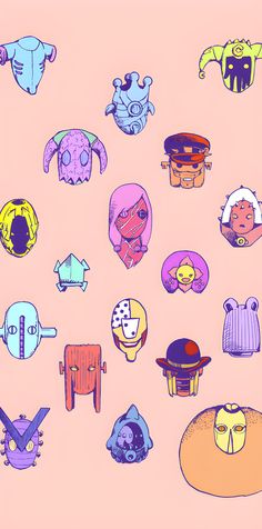 a bunch of different colored objects on a light pink background in the shape of animals