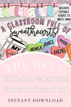 the best valentine's day bulletin board kit is shown in pink, white and black