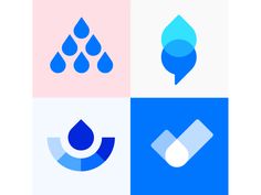 four different logos with water drops and leaves on them, all in blue and pink