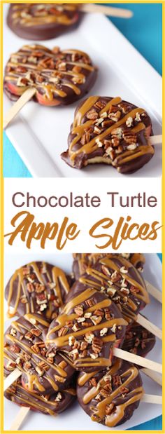 chocolate turtle apple slices on a white plate