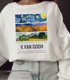 Gildan 18000 **If you are S get M or L for loose-oversized look. If you are L get XL or 2XL. If your size is not in stock please reach out so we can double check for you. **Apparel/design colors may vary across devices. Ideal for any situation, a unisex heavy blend crewneck sweatshirt is pure comfort. These garments are made from polyester and cotton. This combination helps designs come out looking fresh and beautiful. The collar is ribbed knit, so it retains its shape even after washing. There Van Gogh Sweatshirt, Van Gogh Clothes, Cool Sweatshirt Designs, Van Gogh Outfit, Designs For Sweatshirts, Crewneck Design Ideas, Van Gogh Sweater, Van Gogh Hoodie, Van Gogh Design