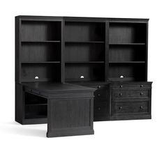 an office desk and bookcase with drawers in black finish, viewed from the front