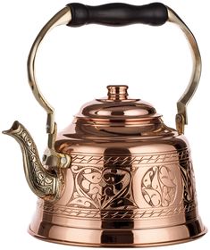 a copper tea kettle with a black handle