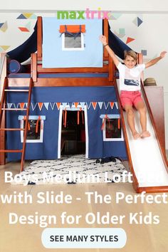 Medium height loft bed with slide for older kids and tweens Fort Bunk Bed, Fun Kids Beds, Play Loft, Cool Beds For Kids, Play Beds, Playhouse Bed, Castle Bed, Study Storage