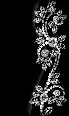 a black and white floral design with pearls on the bottom, is featured in this image