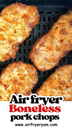 air fryer boneless pork chops cooking on the grill with text overlay that reads, air fryer boneless pork chops