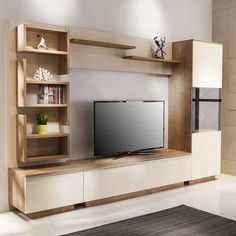 an entertainment center with shelves and a flat screen tv on it's side wall