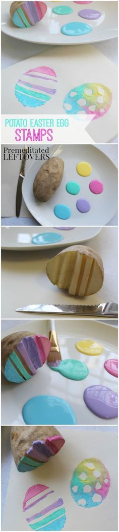 the process to make an easter egg painted with acrylic paint is shown in three different ways