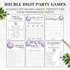 printable birthday party games with purple and gold decorations