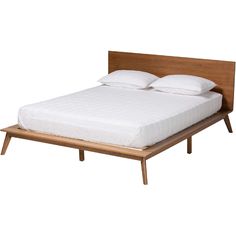 a bed with white sheets and wooden headboard on it's side, against a white background