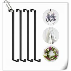 the four pieces of metal clothing hangers are shown with flowers and wreaths on them