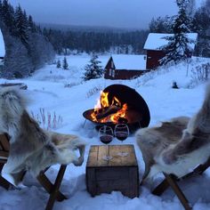 two chairs and a fire pit in the snow