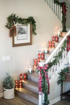 christmas decorations on the banisters and stairs