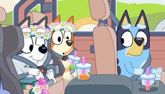 two cartoon characters are sitting in the back seat of a car, one is wearing a flower crown