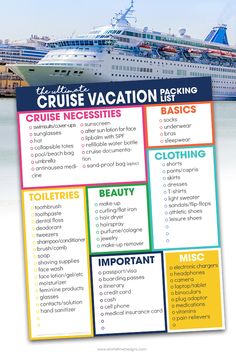 the cruise vacation checklist is shown in front of a large boat on the water