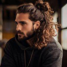 Men Long Hair And Beard Style, Curl Long Hair Men, Curly Hair Men Bun, Man Buns Curly Hair, Long Haired Men Hairstyles, Wedding Hairstyles Men Long Hair, Wedding Hairstyles For Men Long Hair, Long Curly Hair Men Ponytail, Man Bun Wedding Hair