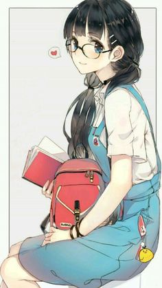 a girl with glasses holding a book and a red backpack in her hand, looking at the camera